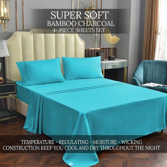 NEW Bamboo Sheet Set Black 4 Piece Bamboo Sheets Soft Breathable Fitted Sheet 16 - Picture 3 of 8